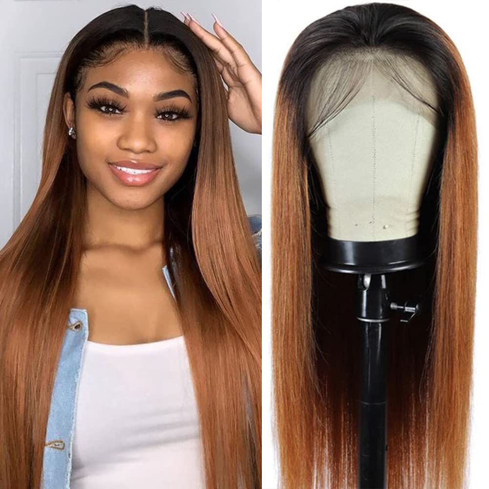 JOEDIR HAIR Ombre Brown Straight Lace Front Wig for Black Women Brazilian Virgin Human Hair 13x4x1 T Part HD Lace Frontal Wigs Pre Plucked with Baby Hair 150% Density (14 Inch, TT1B/30)