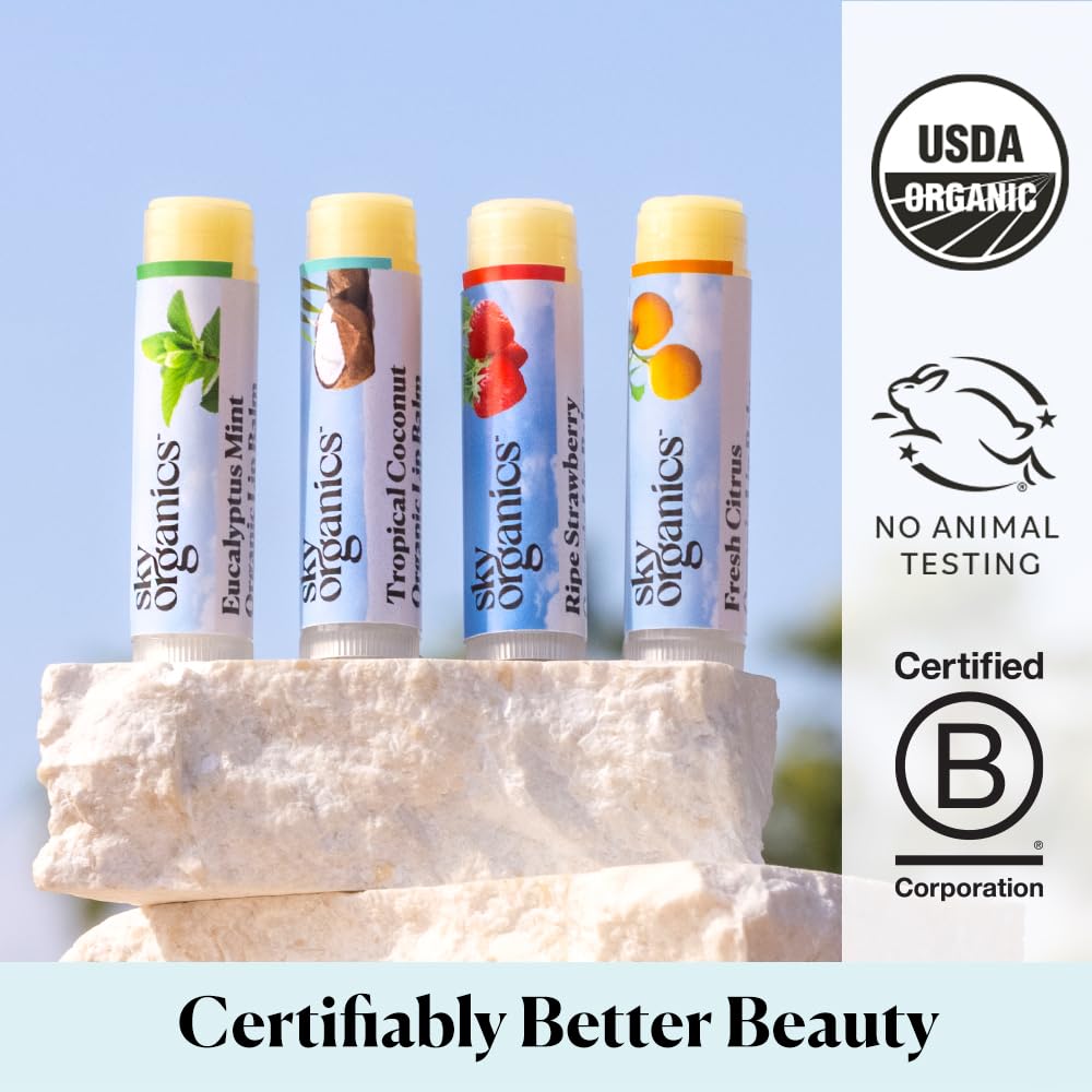 Sky Organics Organic Lip Balm with Beeswax and a Rich Nourishing Blend of Plant Oils, Moisturizing Lips Balms to Lock In Moisture and Keep Lips Feeling Soft and Smooth, Four Assorted Flavors, 4pk.