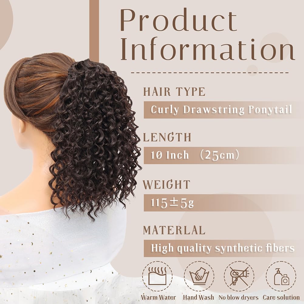 LOSMOEER Ponytail Extension 10 Inch Drawstring Ponytail Hair Extensions for Women Dark Brown Short Kinky Curly Ponytail Fake Hairpiece Daily Party Use