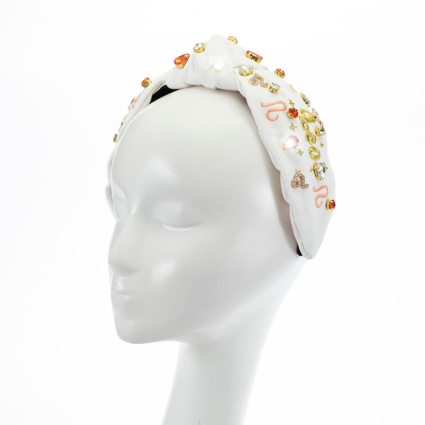 Zodiac Leo Headband for Women, Embroidery Gold Leo Letter Star Knotted White Hairband Fashion Rhinestone Leo Top Knot Hairbands Horoscope Favor Wide Headbands, Astrology Birthday Party Gifts(Leo)