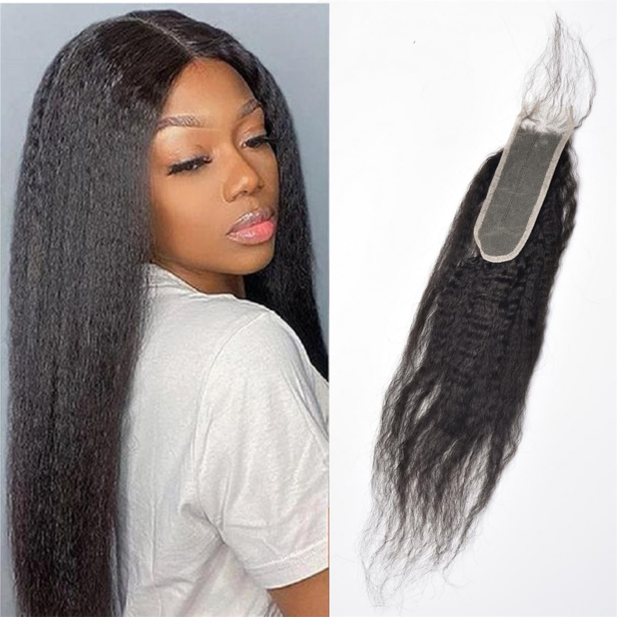 Brazilian Kinky Straight 2x6 Lace Closure 100% Unprocessed Human Virgin Hair Coarse Italy Yaki Pre-Plucked Hairline Frontal Closure Natural Black With Baby Hair (22inch, 2x6 ks yaki closure)