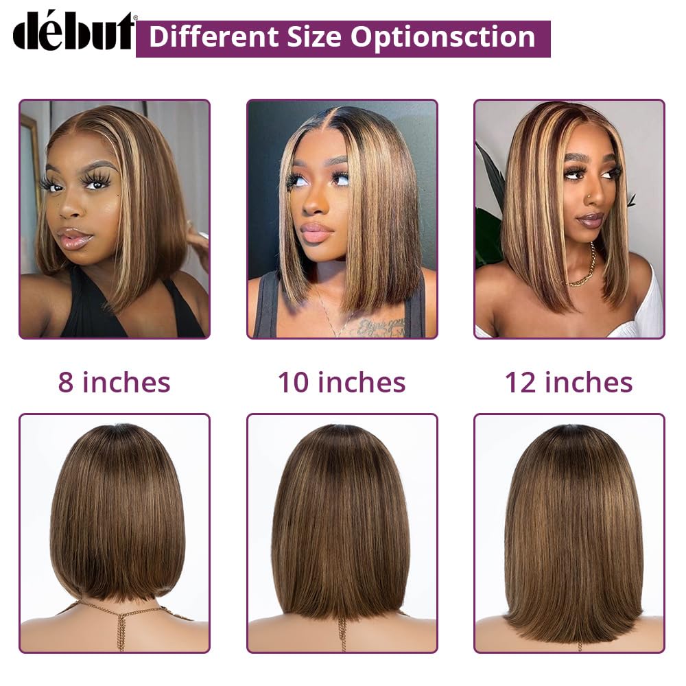 DÉBUT Ombre Highlight Blonde Brown Lace Front Wigs Human Hair Short Bob Wigs Middle Part Wigs Brazilian Virgin Straight Hair 13x4x1 T Part Wigs for Black Women Piano Color 12 Inches