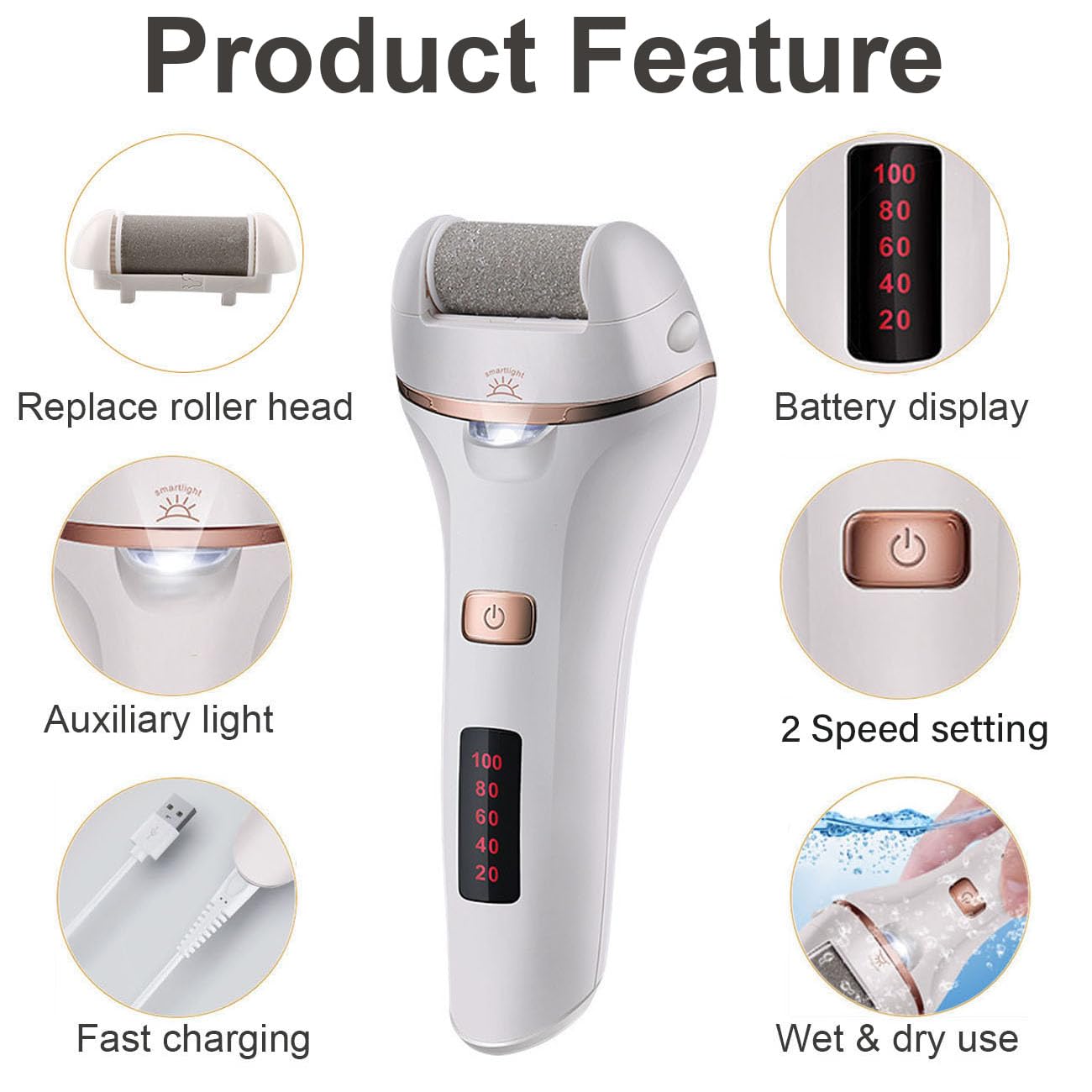 Jecurity Electric Foot Callus Remover, File Pedicure Tools Kit for Feet Care, Rechargeable Dead Skin Remover Dry Crack with 2 Speed, Battery Display, LED Light Design, White, 1.0 Count, 1Pack