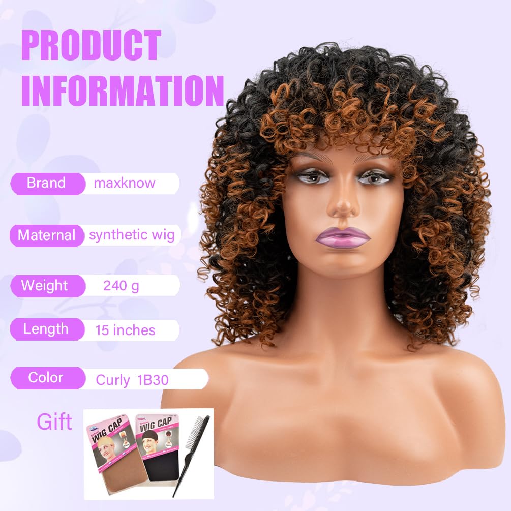 maxknow Curly Wigs for Black Women Fluffy Curly Afro Wig for Women Soft Synthetic Curly Black to Auburn Brown Wig with Bangs Full Wigs for Women Daily Use (1B30 Black to Auburn Brown)