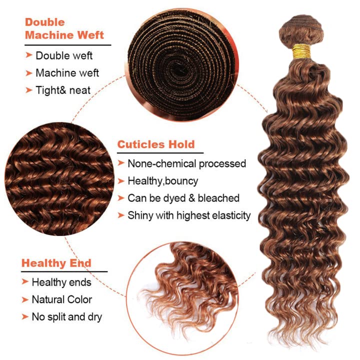 30 32 34 Inch Color #30 Deep Wave Bundles Brown Human Hair Bundles Peruvian Virgin Remy Hair Mixed Bundles Color #30 Bundles Human Hair Light Brown Deep Wave Bundles Hair Weave