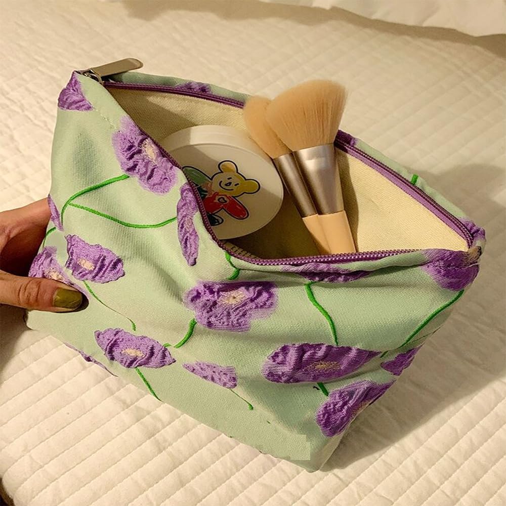 Cosmetic Bags for Women Makeup Bag Large Capacity Purse Travel Toiletry Zipper Storage Pouch Make up Brushes Organizer for Gifts (Purple, Sea flower)