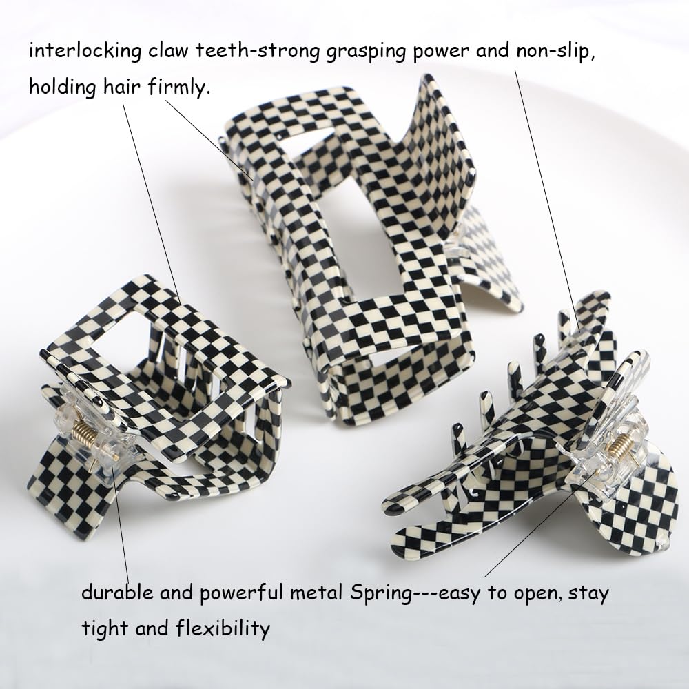 Checkered Hair Claw Clips,Pack of 3,Vintage Black/Beige Checkered Claw Clips Cellulose Acetate Banana Clips,Nonslip Hair Clamp for Women Girls (Black/Beige)