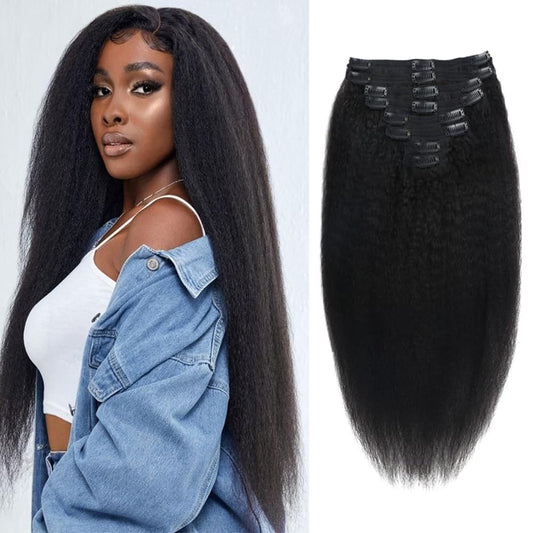 Brazilian Virgin Kinky Straight Clip in Hair Extensions 8Pcs/lot 120g With 18 Clips Yaki Straight Clip in Hair Extension Real Human Hair Natural Black Color For Black Women (20Inch)