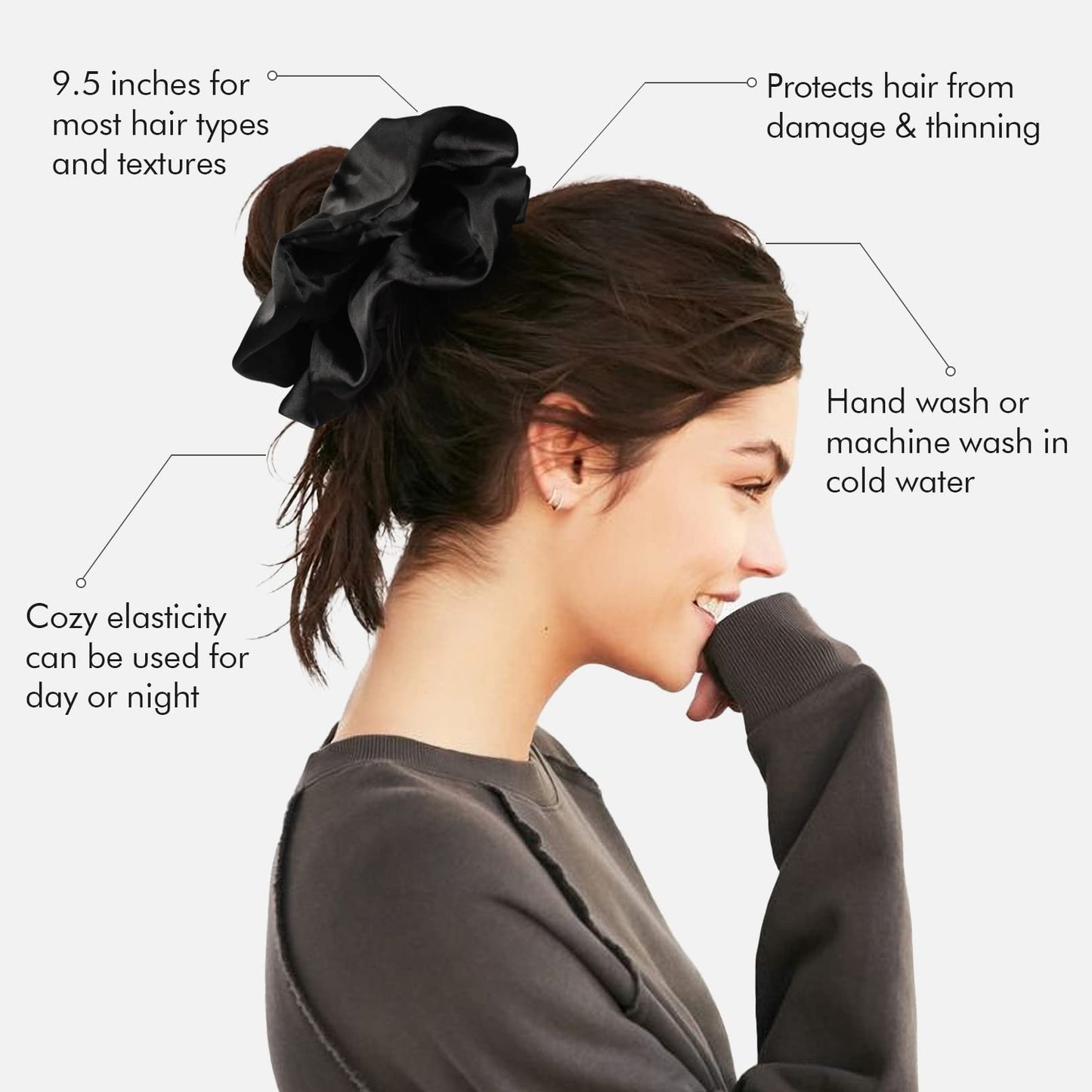 9.5 inch Silk Scrunchies Oversized Scrunchie Jumbo Scrunchies Giant Silk Scrunchie Extra Large Satin Scrunchies Thick Elastic Fluffy Hair Ties for Women and Girls 3 Pack (Black, Black, Black)