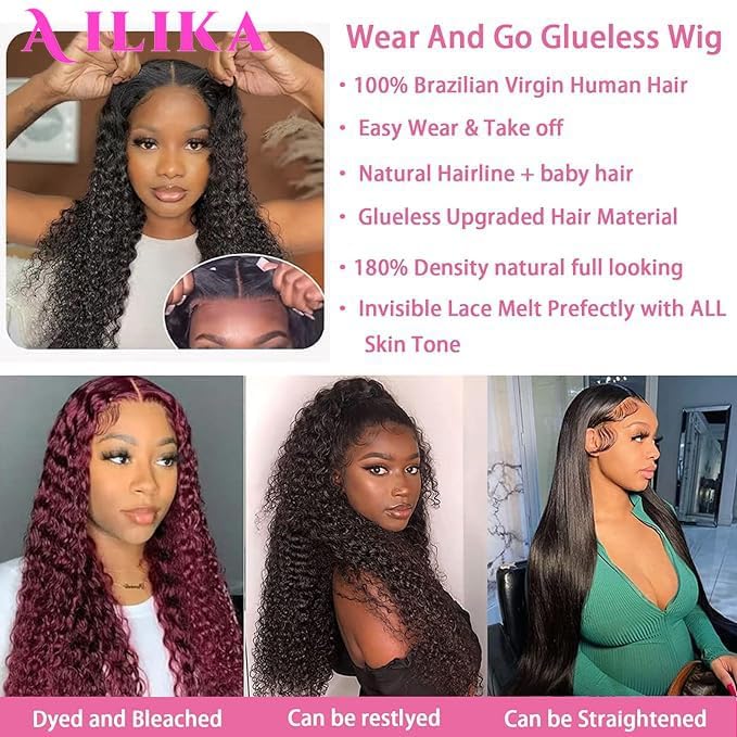 AILIKA 16 Inch Wear and Go 13 * 4 With Baby Hair Natural Hairline Wig HD TransparentKinky Curly Lace Front Wig Human Hair Pre Cut Pre Plucked For Black Women 3 Seconds to Wear Glueless Wig