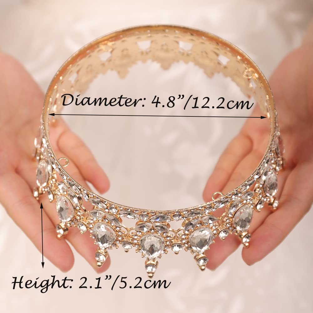 JWICOS Crystal Tiara for Women Rhinestone Bridal Wedding Full Round Tiara Hair Accessories for Girls Princess Tiara Crown Headband for Birthday Party Halloween Costume Prom (Gold)