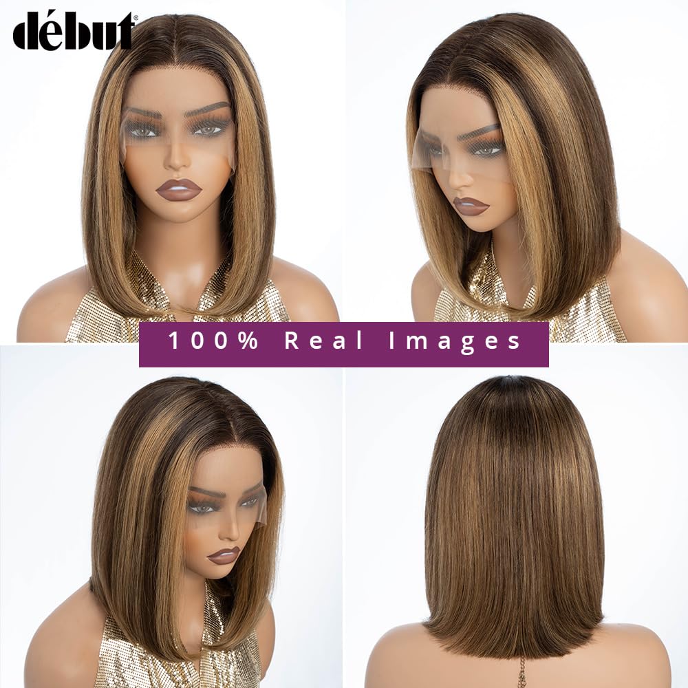 DÉBUT Ombre Highlight Blonde Brown Lace Front Wigs Human Hair Short Bob Wigs Middle Part Wigs Brazilian Virgin Straight Hair 13x4x1 T Part Wigs for Black Women Piano Color 12 Inches