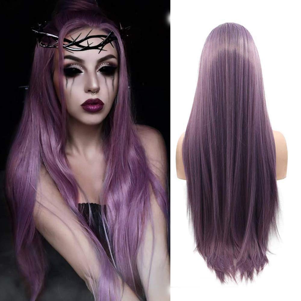 Purple Wigs Long Straight Synthetic Lace Front Wigs for Women Handmade Realistic Looking Wig Ash Lavender Side Part Glueless Wig Heat Friendly Hair Replacement Wigs Cosplay Costume Daily Wigs 24 Inch