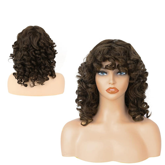 HUAISU Short Brown Curly Kinky Wig with Bangs Synthetic High Density Shoulder Length Deep Wave Density Wig for Women One Piece Heat Resistant Fluffy Cosplay Wig (Brown, 14inch)