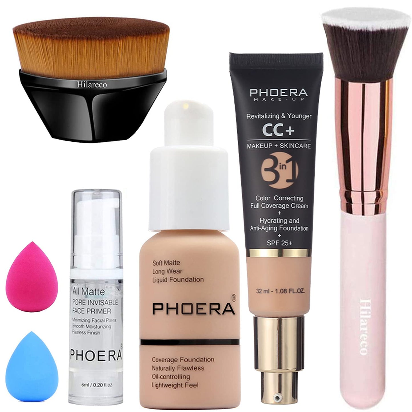 PHOERA Foundation,PHOERA CC+ Cream Color Correcting Anti Aging Hydrating Serum &SPF 25+,PHOERA Primer, PHOERA Makeup, Kabuki Makeup Brushes Foundation Brush Powder (103 Warm peach+120 Nude CC Cream)