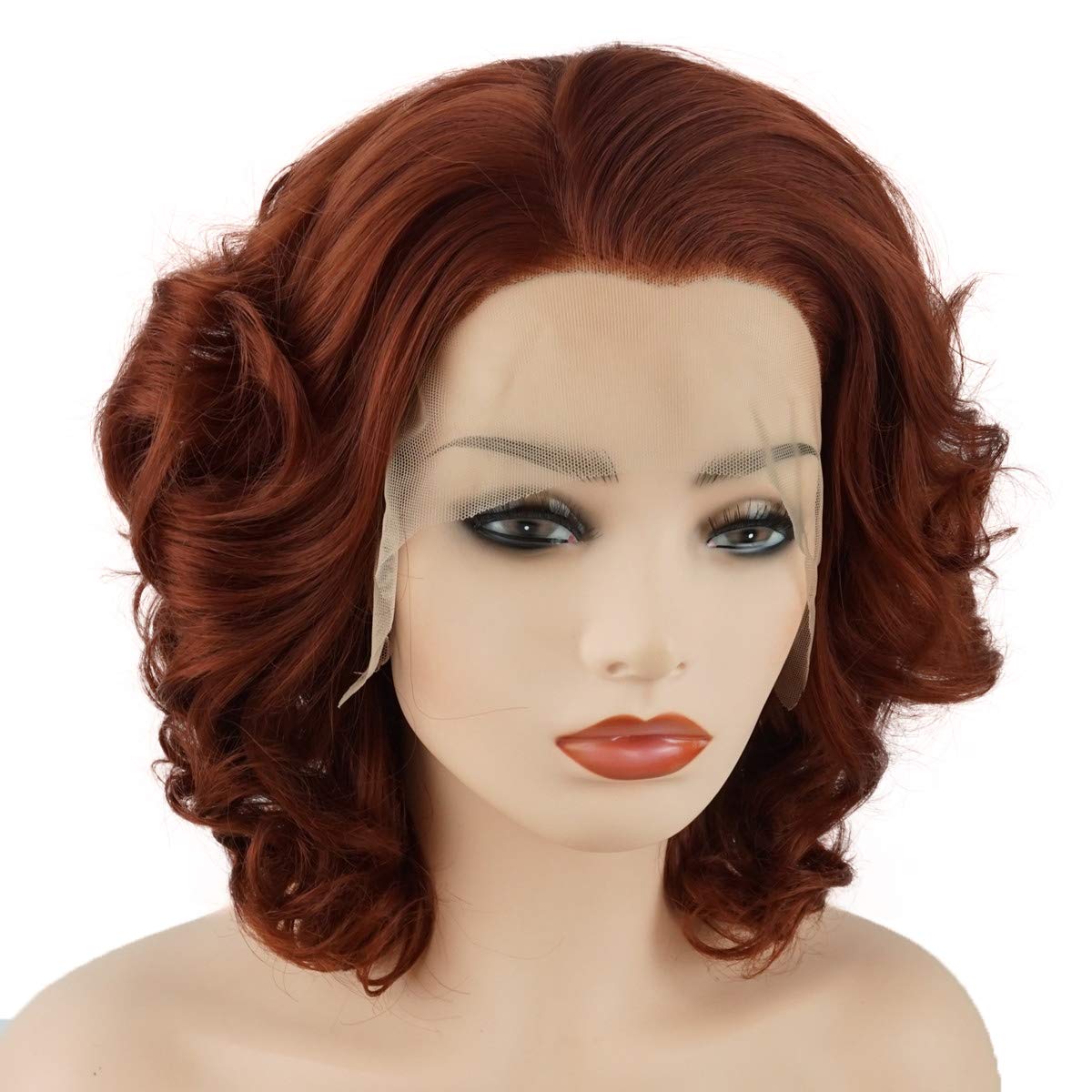 Meiyite Hair Wavy Short 10inch Burgundy Red Heavy Density Half Hand Tied Realistic Synthetic Lace Front Wigs