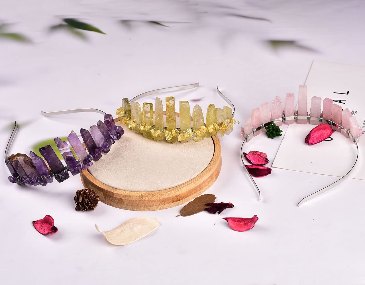 JIC Gem Rose Quartz Crystal Crown Raw Quartz Headband Handmade Tiara Natural Stone Headpiece Women Girls for Wedding Parties