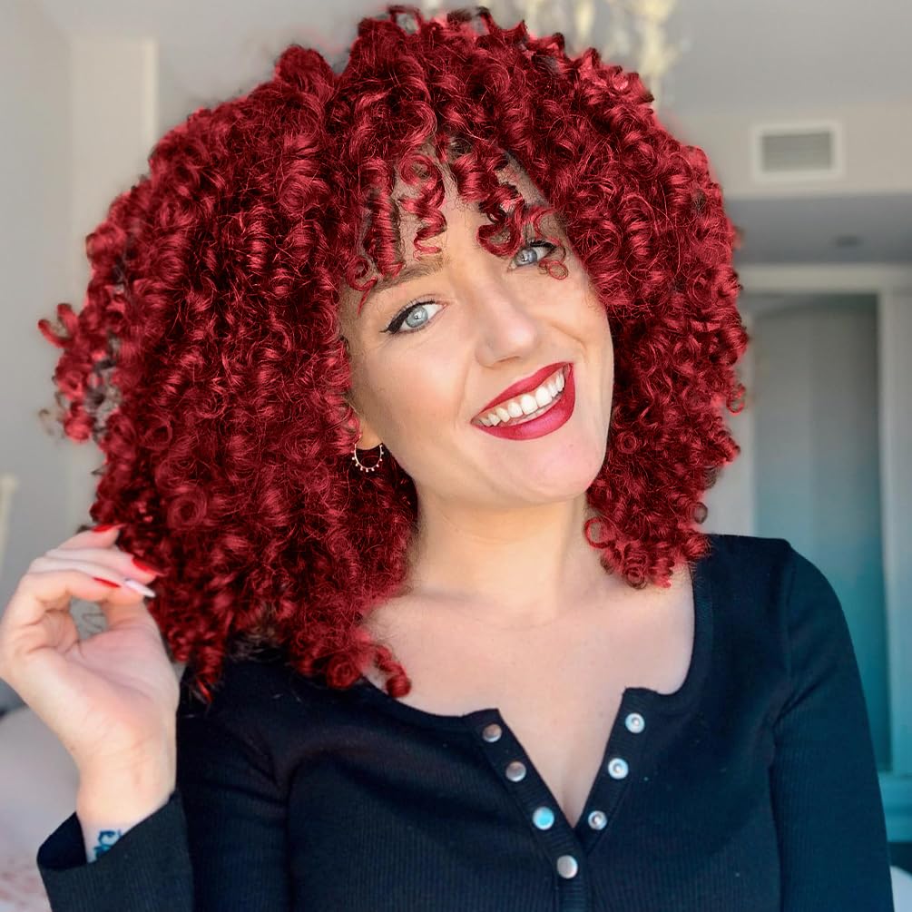 maxknow Curly Wigs for Black Women Fluffy Curly Afro Wig for Women Soft Synthetic Curly Burgundy Wig with Bangs Full Wigs for Women Daily Use (39A Burgundy)