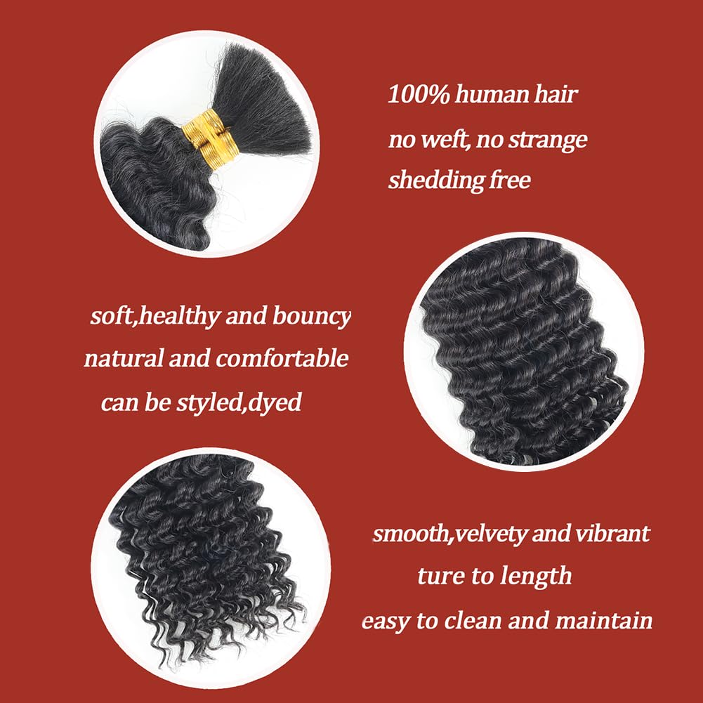 Human Braiding Hair Deep Wave Bulk Human Hair for Braiding 2 Bundles/Pack 100g Wet and Wave Deep Curly Braiding Hair for Boho Braids Bundle Brazilian Virgin Human Hair Extensions Natural Color