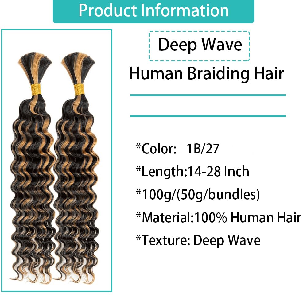 Ombre Human Braiding Hair 1b/27 Highlight Brown Deep Wave Bulk Human Hair for Braiding 100g 2Bundles/Pack No Weft Curly Braiding Hair Bulk Curly Human Hair for Boho Braids (1b/27,20 Inch)