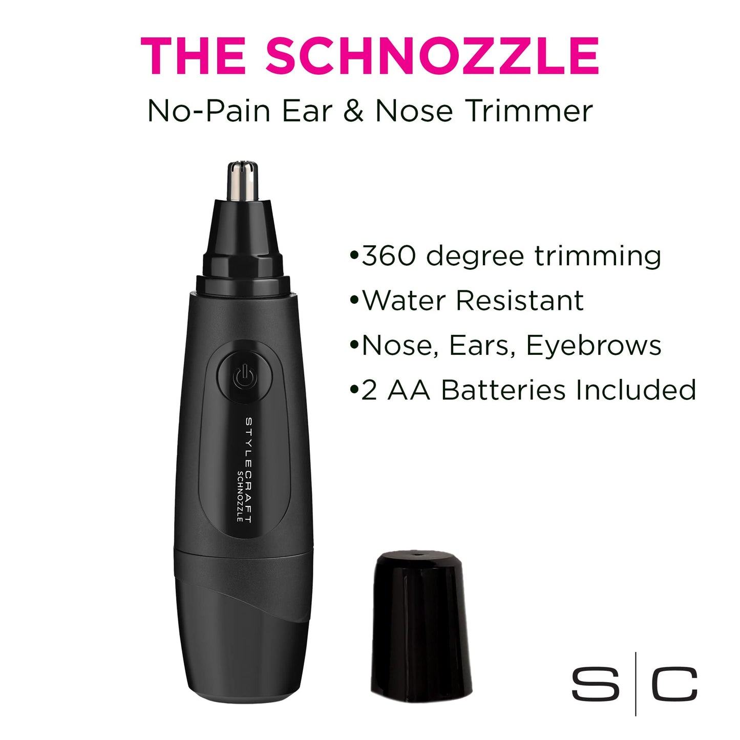 Stylecraft Schnozzle Cordless Nose and Ear Trimmer, Water Resistant, Portable, LED Light, Matte Black