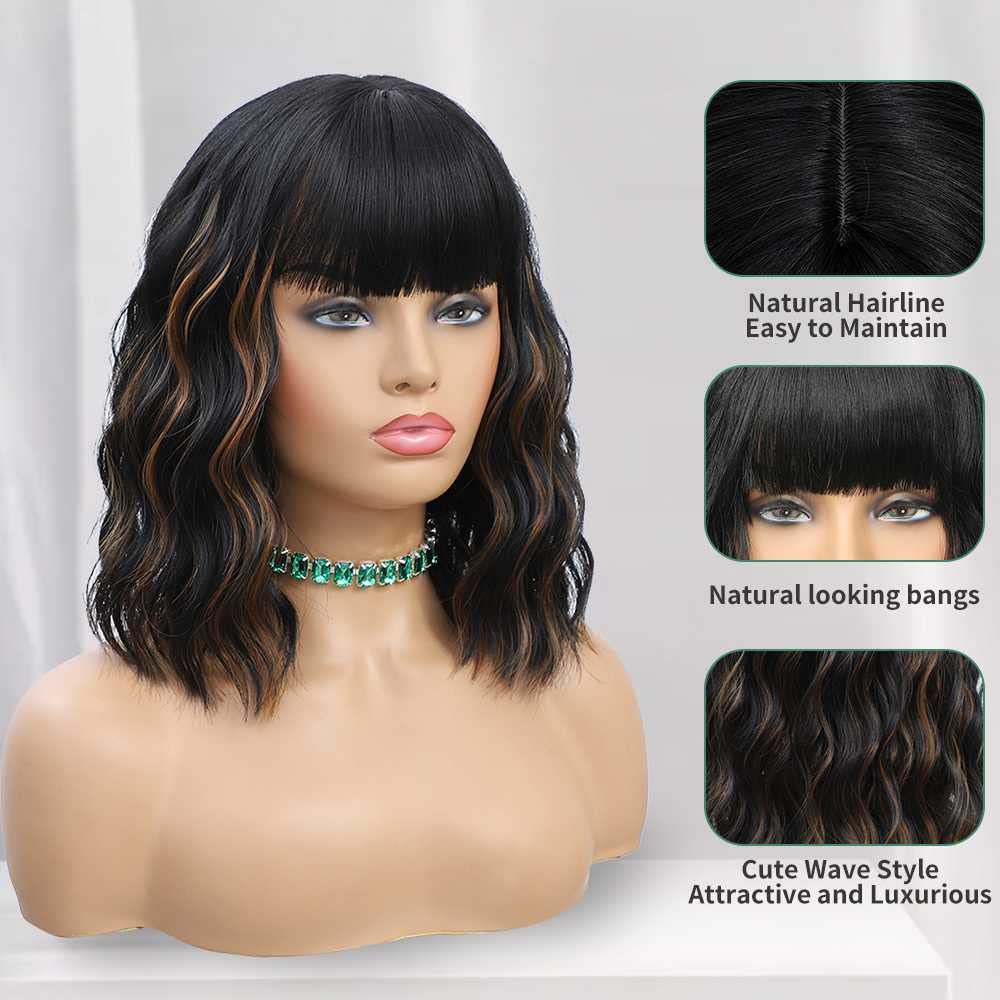 WAVE&BREEZE 14 Inch Black Mixed Brown Highlights Wigs for Women Short Wavy Curly Wig With Bangs Natural Looking Synthetic Hair Wigs Heat Resistant Fiber Wig for Daily Party (Black Mixed Brown)