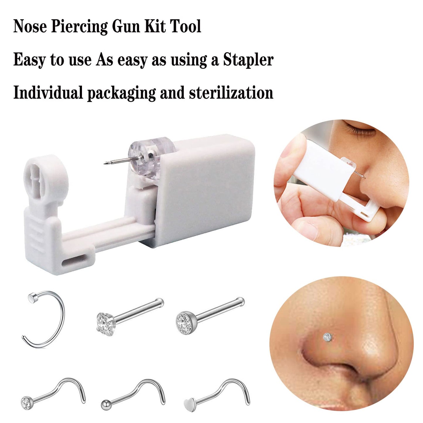 2 Pack Self Nose Piercing Gun Self Nose Piercing Gun Kit Safety Nose Piercing Gun Kit Tool with Nose stud (White)