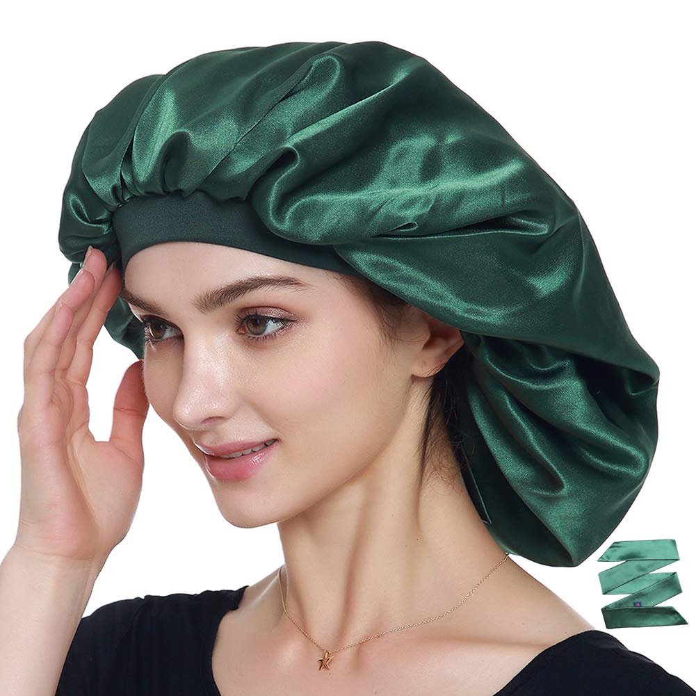 Alnorm Double Layered Satin Bonnet Oversized Sleep Cap for Hair Loss Women Green