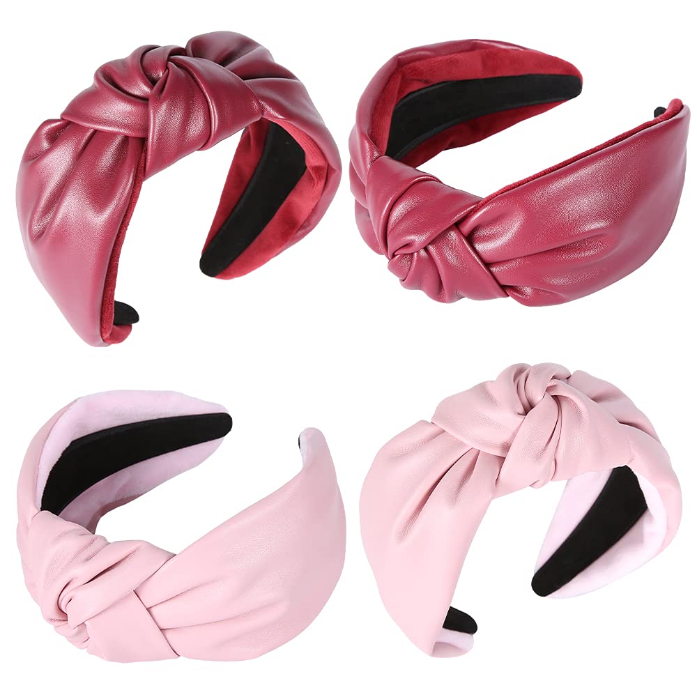 QIANXUAN Wide Hair Bands For Women Black Cloth Headband Tie For Women Leather Headbands For Women With A Tie 2Pcs Pu Artificial Top Knot Glam Girl Fashion