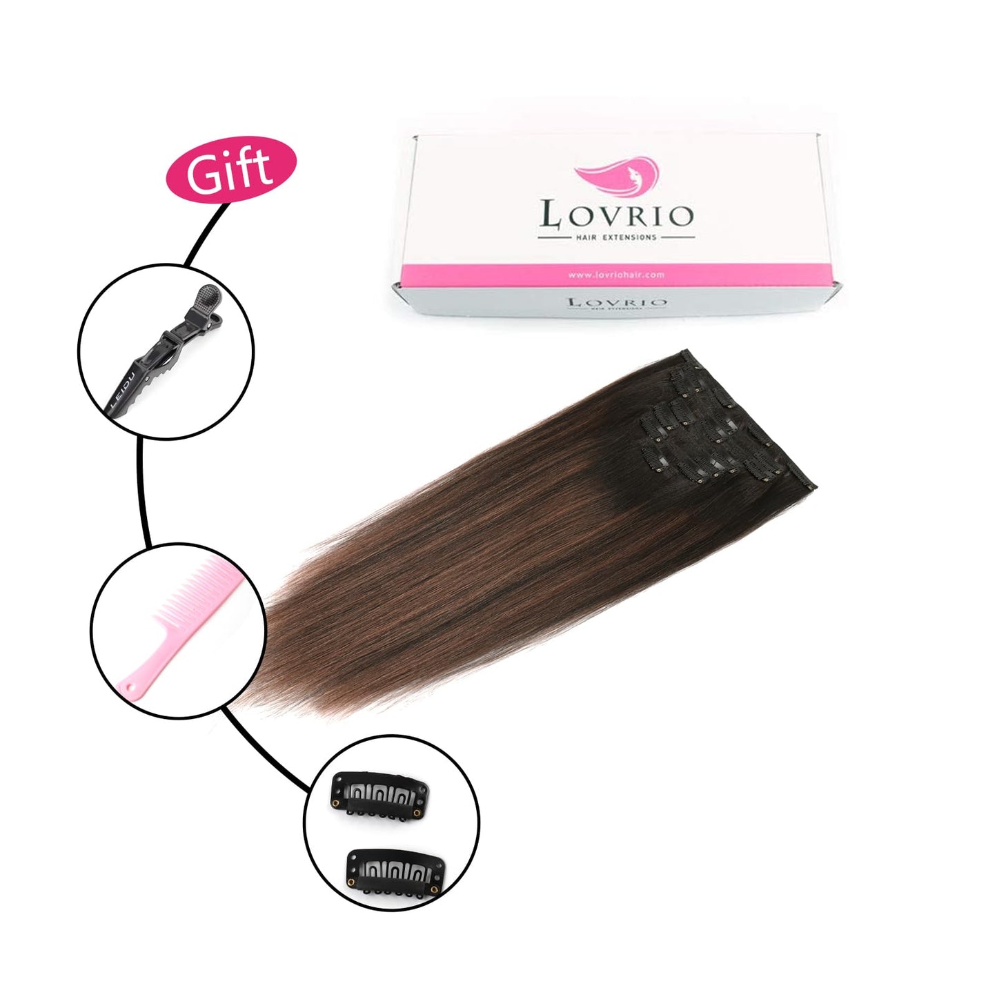 Lovrio Yaki Straight Clip ins Human Hair Two Tone Root Black to Natural Black #1B Mixed With Chocolate Brown #4 Yaki Clip ins for Black Women Double Weft Clips in Full Head 16inch 120g 7pcs