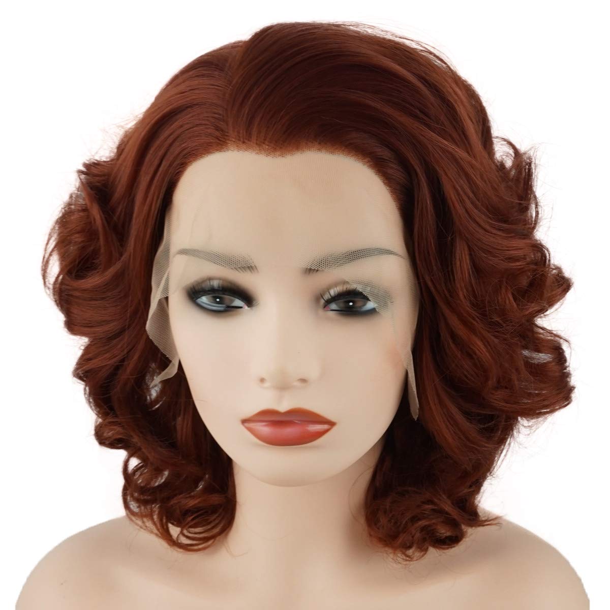 Meiyite Hair Wavy Short 10inch Burgundy Red Heavy Density Half Hand Tied Realistic Synthetic Lace Front Wigs