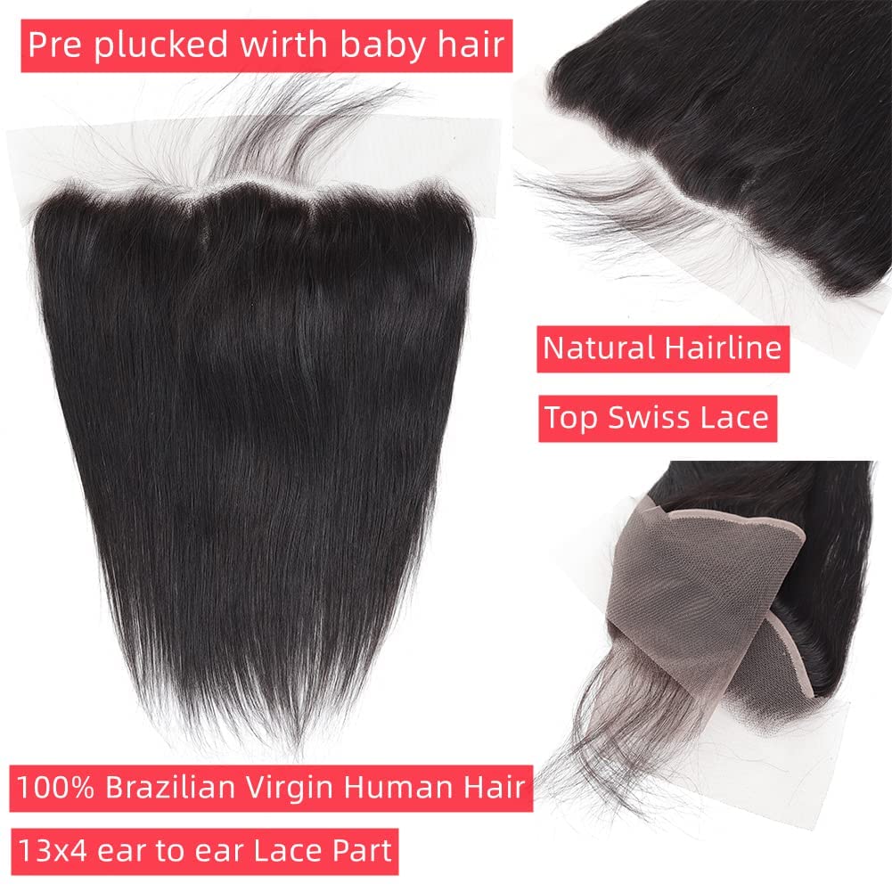 13x4 Lace Frontal Closure Ear To Ear Lace Frontal Closure 10a Unprocessed Brazilian Virgin Human Hair (14 inch, Natural Black)