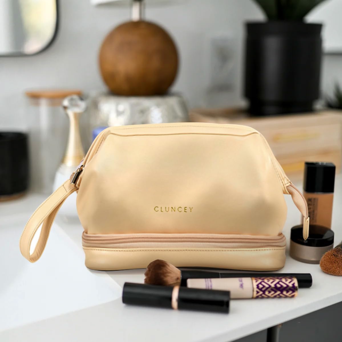 CLUNCEY Leather Makeup Bag For Women, Double Layer Makeup Brush Organizer Bag With Beauty Sponge Holder, Travel Waterproof Cosmetic Bag Make Up Organizer Case, Large Capacity, Beige