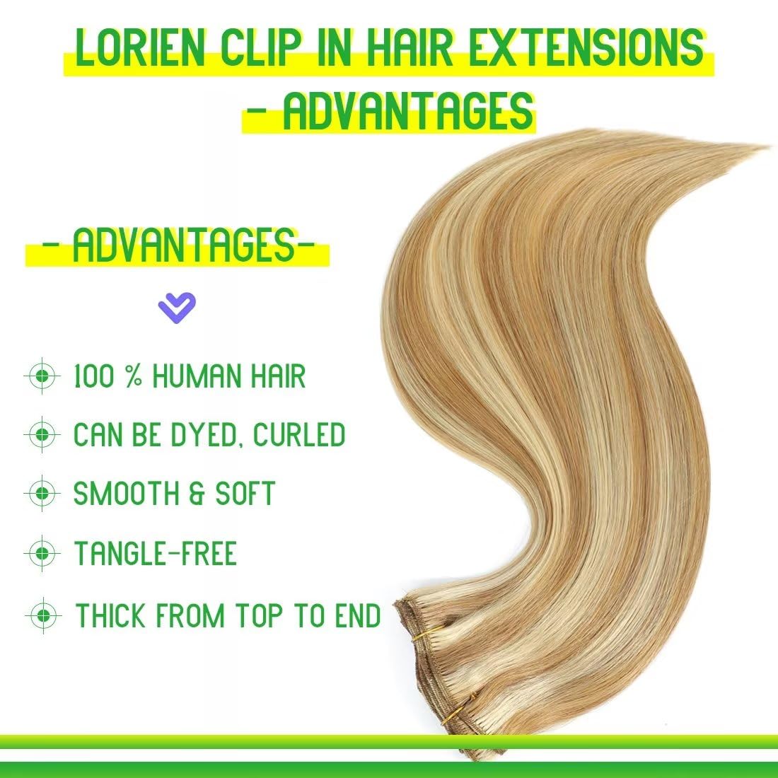 LORIEN Clip in Hair Extensions Real Human Hair 80g Clip in 100% Human Hair Extensions 8pcs Per Set with 18Clips Double Weft (20 Inch, #18p613 Color)