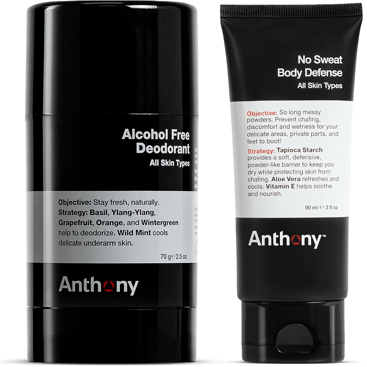 Anthony Alcohol Free, Aluminum Free Deodorant for Men 2.5 Fl Oz and Anthony No Sweat Body Defense Deodorant for Men 3 Fl Oz