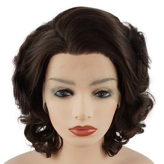 Meiyite Hair Wavy Short 10inch Two Tone Brown Mix Heavy Density Half Hand Tied Realistic Synthetic Lace Front Wigs