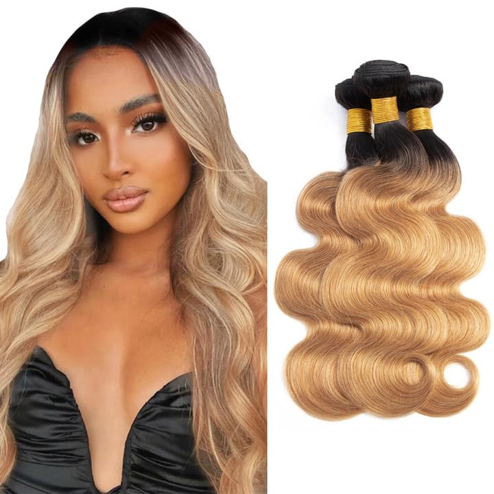 1B/27 Bundles Ombre Highlight Body Wave Human Hair Bundles 8A Grade Brazilian Unprocessed Virgin Hair 3 Bundles 12 12 12 Inch Blonde Body Wave Bundles Remy Human Hair Extensions