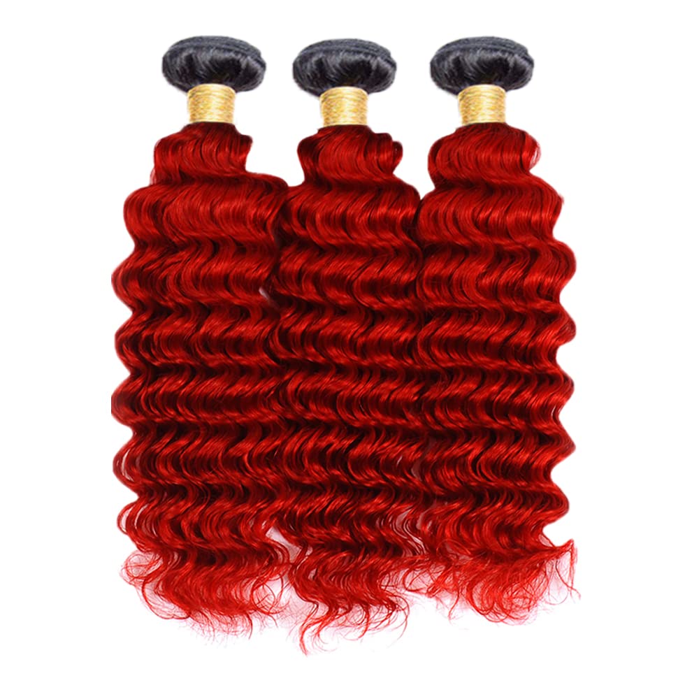 12 14 16 Inch Bright Red Human Hair Bundle Ombre Deep Wave Bundles Brazilian Virgin Remy Human Hair Extensions 2 Tone 1B/Red Deep Wave Bundles Human Hair Weave