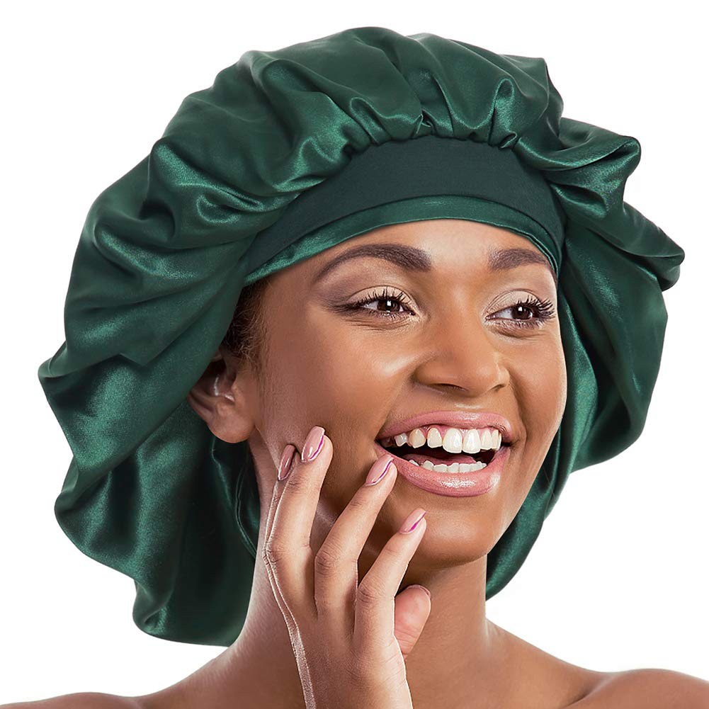 Alnorm Double Layered Satin Bonnet Oversized Sleep Cap for Hair Loss Women Green