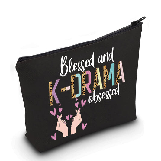 LEVLO Korean Drama Cosmetic Make Up Bag K-Drama Lover Gift Blessed And K-DRAMA Obsessed Makeup Zipper Pouch Bag (K-DRAMA Black)