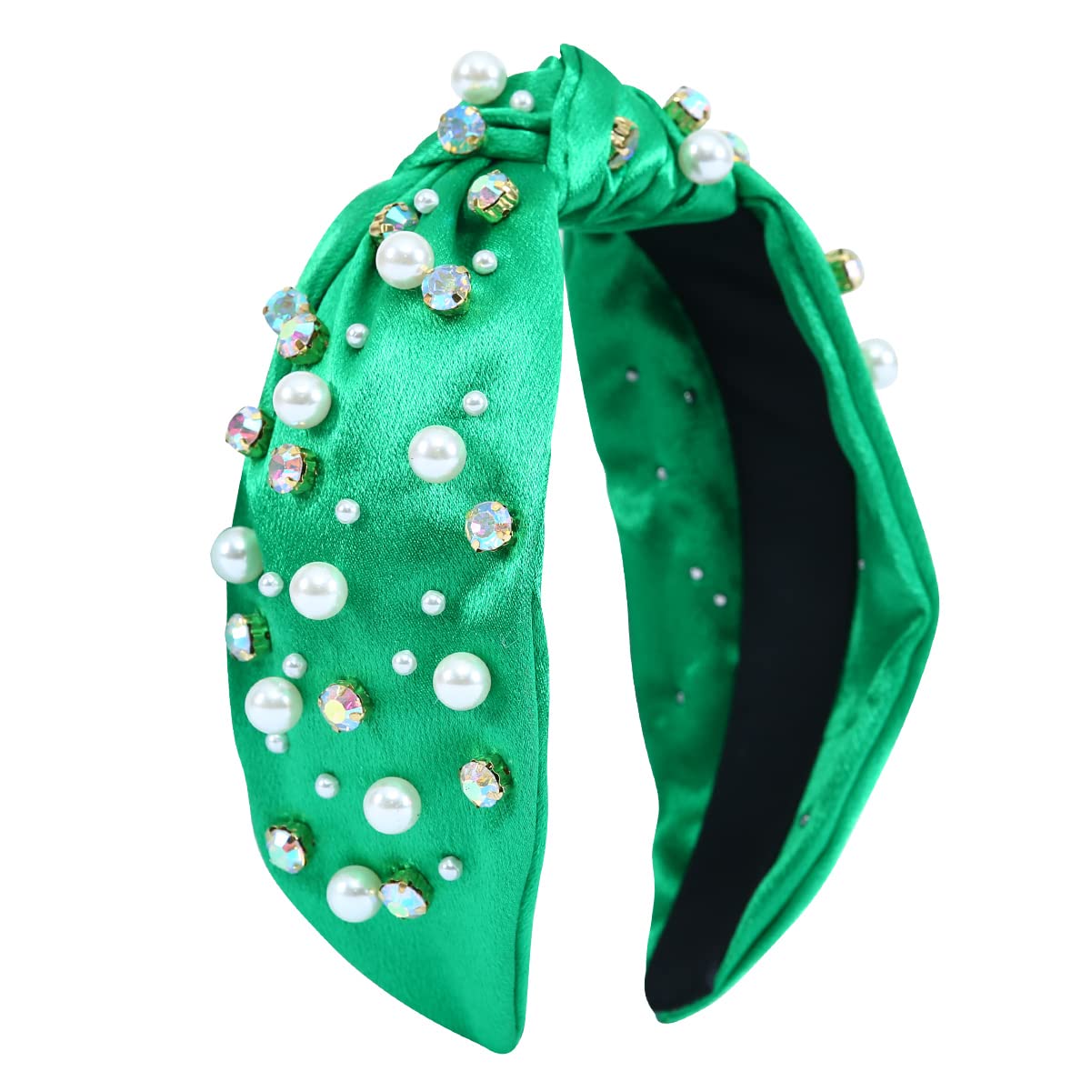 FEDANS Bejeweled Headbands for Women Pearl Rhinestone Knotted Satin Headband Crystal Embellished Green Hairband Ladies Fashion Hair Accessories