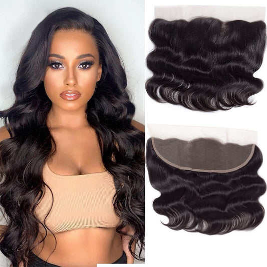 Amella Hair Body Wave Frontal Closure 13x4 Transparent Lace Frontal Closure 150% Density Brazilian Human Hair 13x4 Ear to Ear Full Lace Frontal Closure Pre-Plucked with Natural Black Color(12inch)