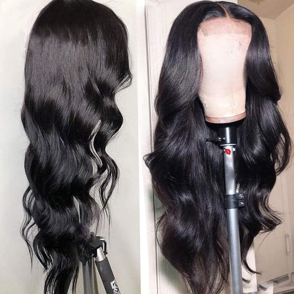 MIMORE 28 Inch Long Body Wave 4x4 Lace Closure Wigs Human Hair Body Wave Wigs With Baby Hair 150% Density Brazilian Virgin Lace Frontal Wigs Wavy Human Hair Body Wave Wig for Black Women