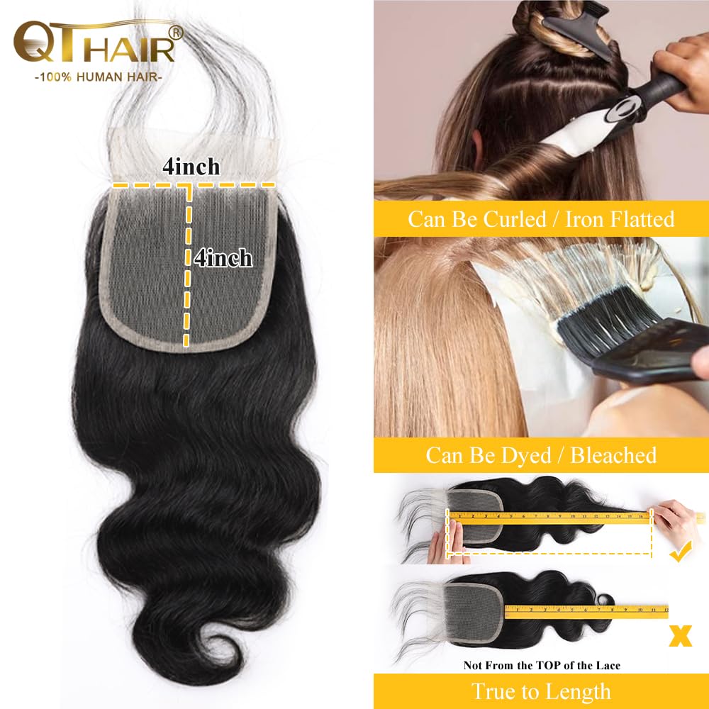 QTHAIR 14A Brazilian Body Wave Lace Closure (14inch) 4x4 Free Part Swiss Lace Closure Natural Brazilian Virgin Human Hair Top Swiss Lace Closure