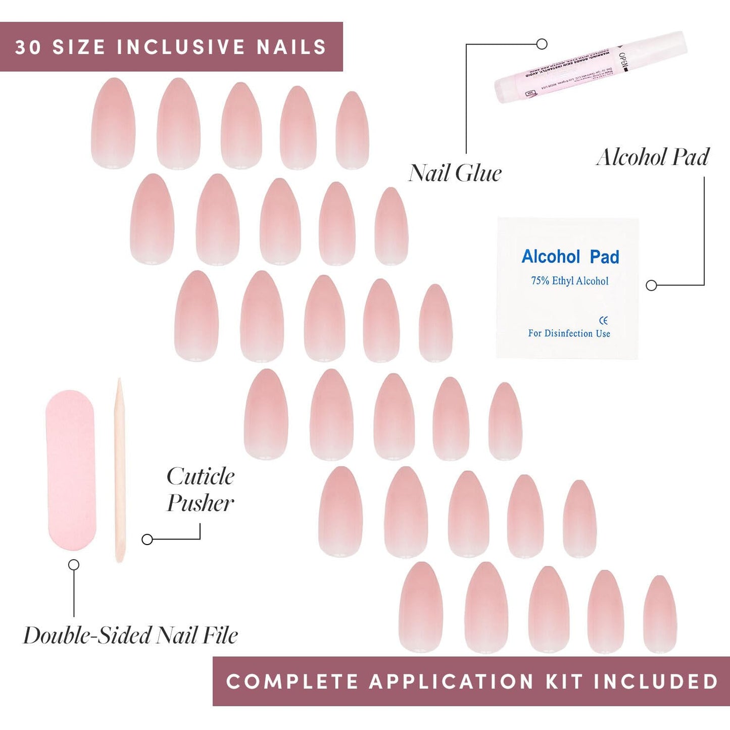 Glamnetic Press On Nails - Cloud 9 | Jelly UV Finish Medium Pointed Almond Shape, Reusable Pink Nail Kit in 15 Sizes, Semi-Transparent - 30 Nail Kit with Glue