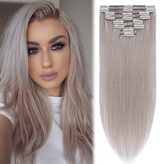 MY-LADY Clip in Hair Extensions Real Human Hair Gray 16 Inch 65g Remy Hair Grey 8pcs Weft Balayage Full Head Silky Natural Straight for Women