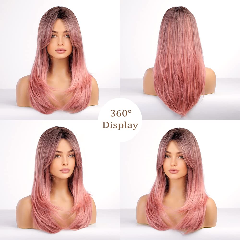 Haoland Pink Wig For Women Colored Wig with Bangs Synthetic Wavy Wig Heat Resistant Layered Wig For Halloween/Party/Cosplay