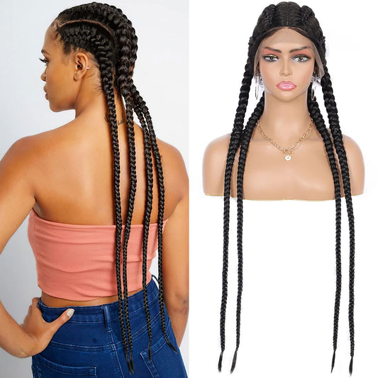 Kalyss 35" Hand-Braided Human Hair Blended Lace Front Box Braided Wigs with 360 Lace Front Black Double Dutch Braided Wigs for Women Heat Resistant Lightweight Twisted Braids Wig