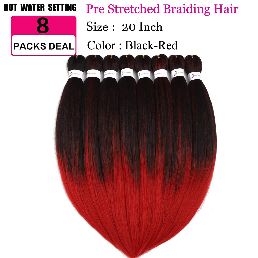 Pre Stretched Braiding Hair Extensions 20 Inch 8 Packs Professional Synthetic Braid Hair for women Crochet Braids Soft Yaki Texture Hot Water Setting(20",mixed black & red)