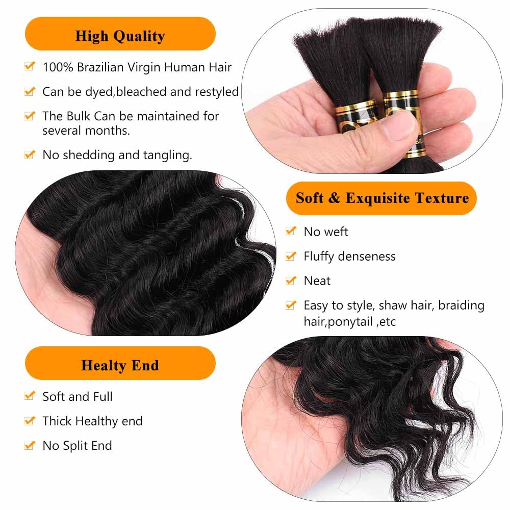 QTHAIR Deep Wave Bulk Human Hair For Braiding No Weft (24"#1 Jet Black) 16A 100% Unprocessed Brazilian Deep Wave Human Hair Virgin Hair Extensions Two Bundles Micro Braiding